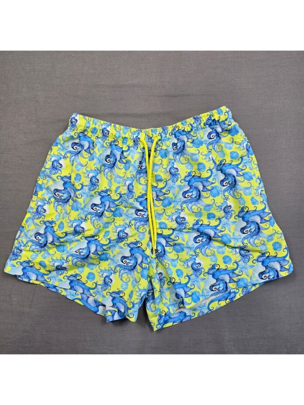 Happy Hour Mens M Swim Trunks Yellow/Blue Lady Octopus Print Elastic Waist